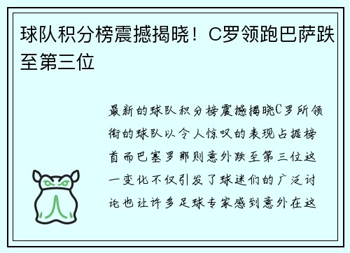 球队积分榜震撼揭晓！C罗领跑巴萨跌至第三位