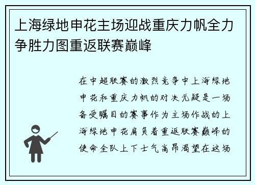 上海绿地申花主场迎战重庆力帆全力争胜力图重返联赛巅峰