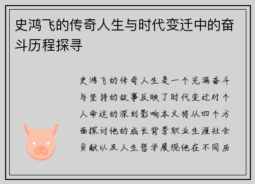 史鸿飞的传奇人生与时代变迁中的奋斗历程探寻